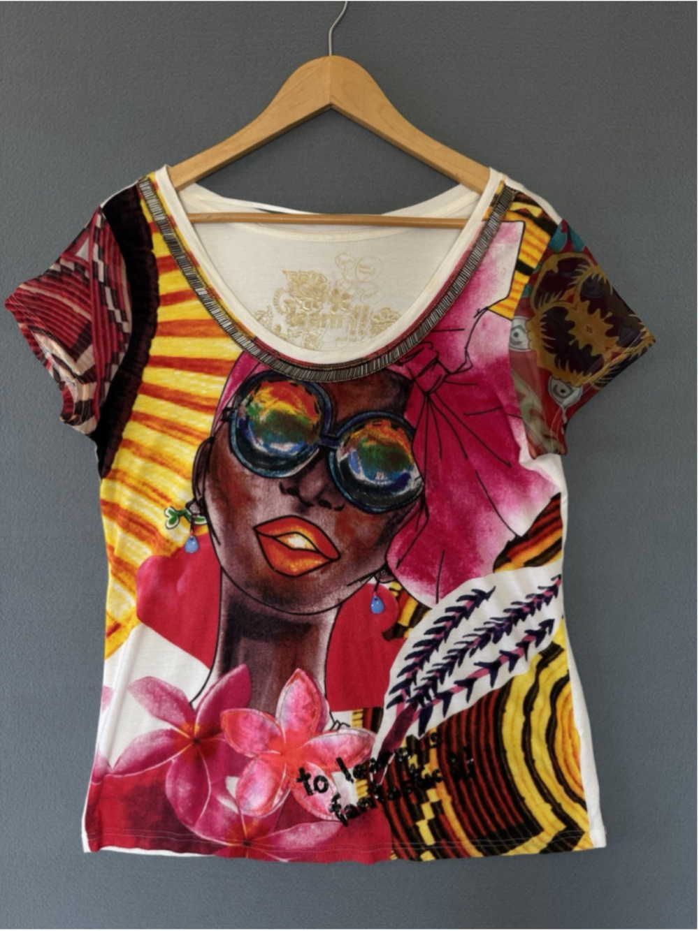 Desigual Graphic Art Top Women’s M Colorful Face Print Beaded 3D Sequin Boho
